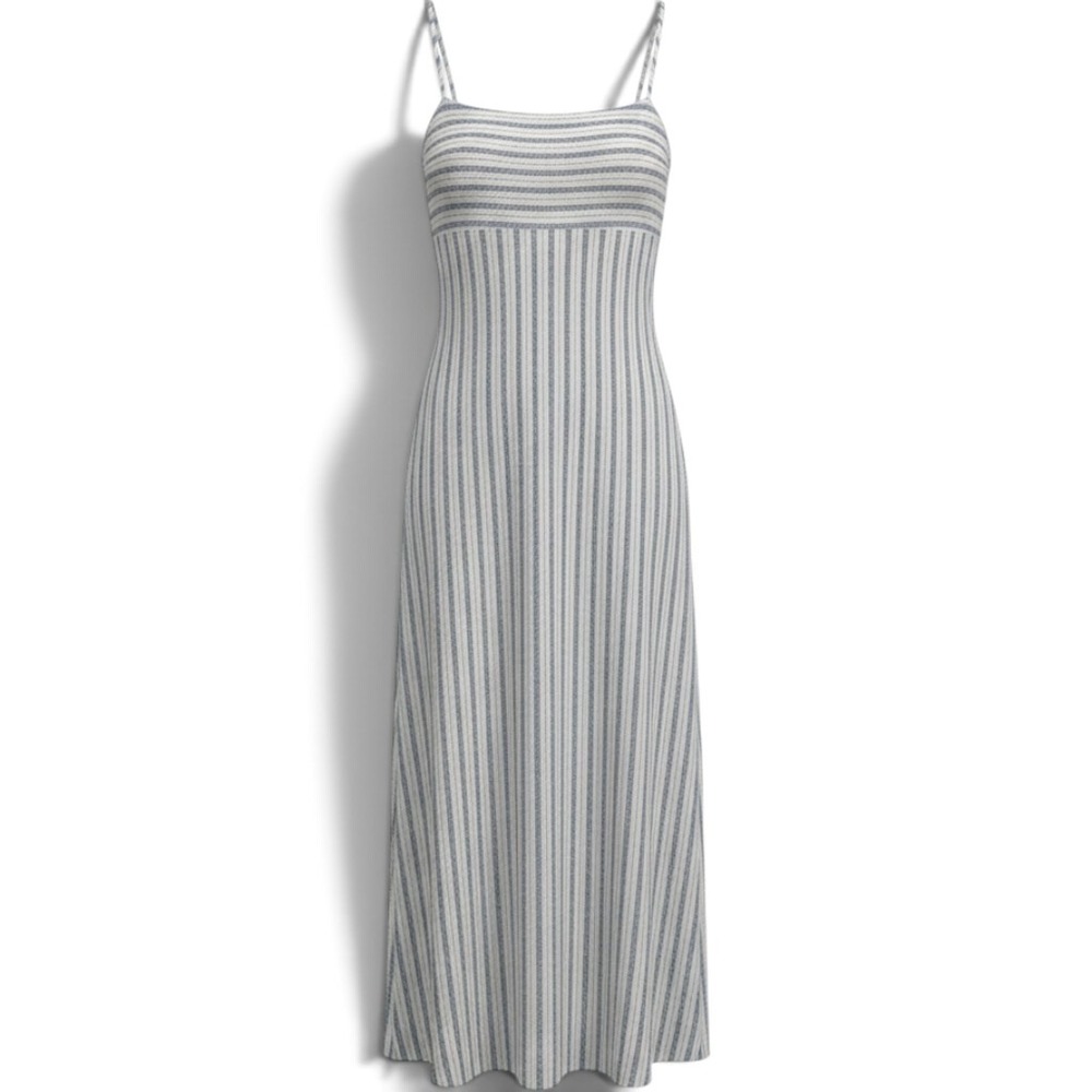 Faherty Linen Dress Womens L Maxi Isha Blue White Striped Smocked EUC